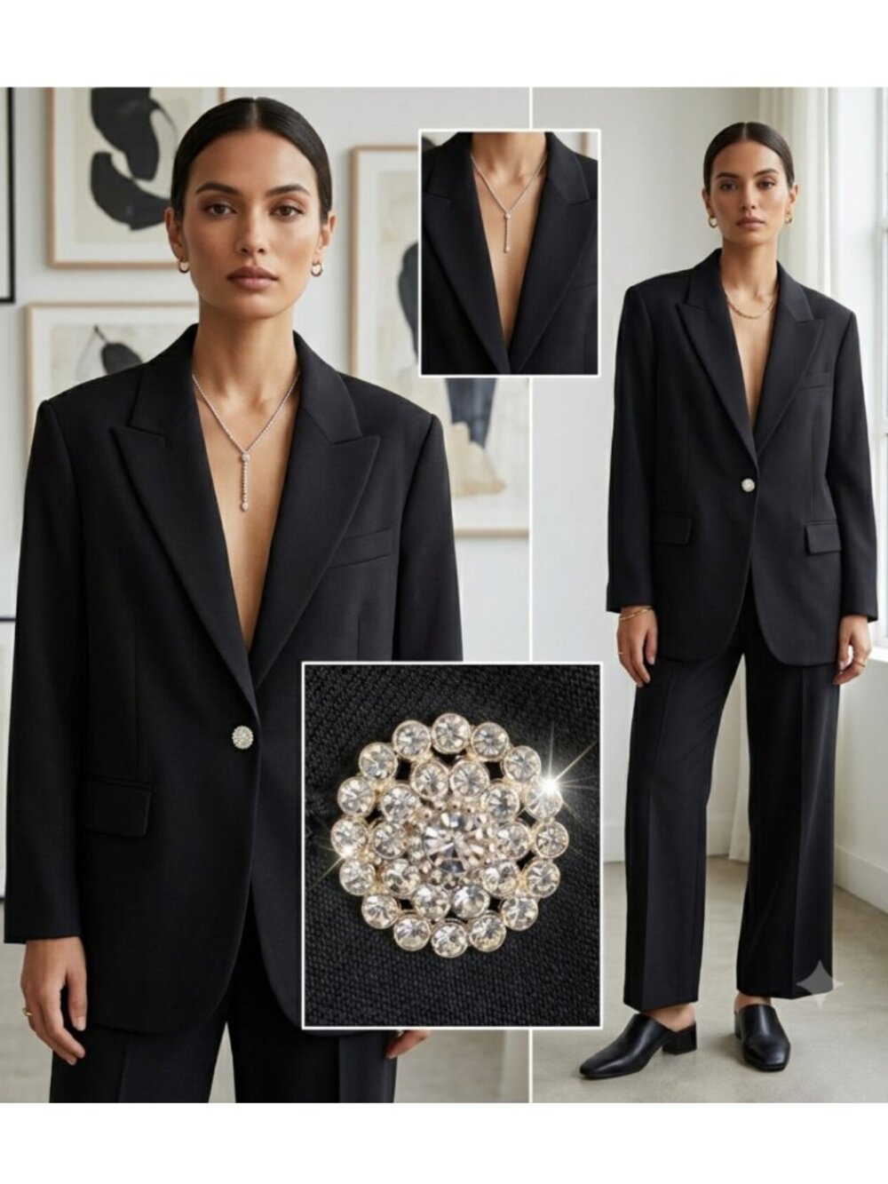 NWT H&M Black Relaxed Fit Blazer with Crystal Button - Size M
